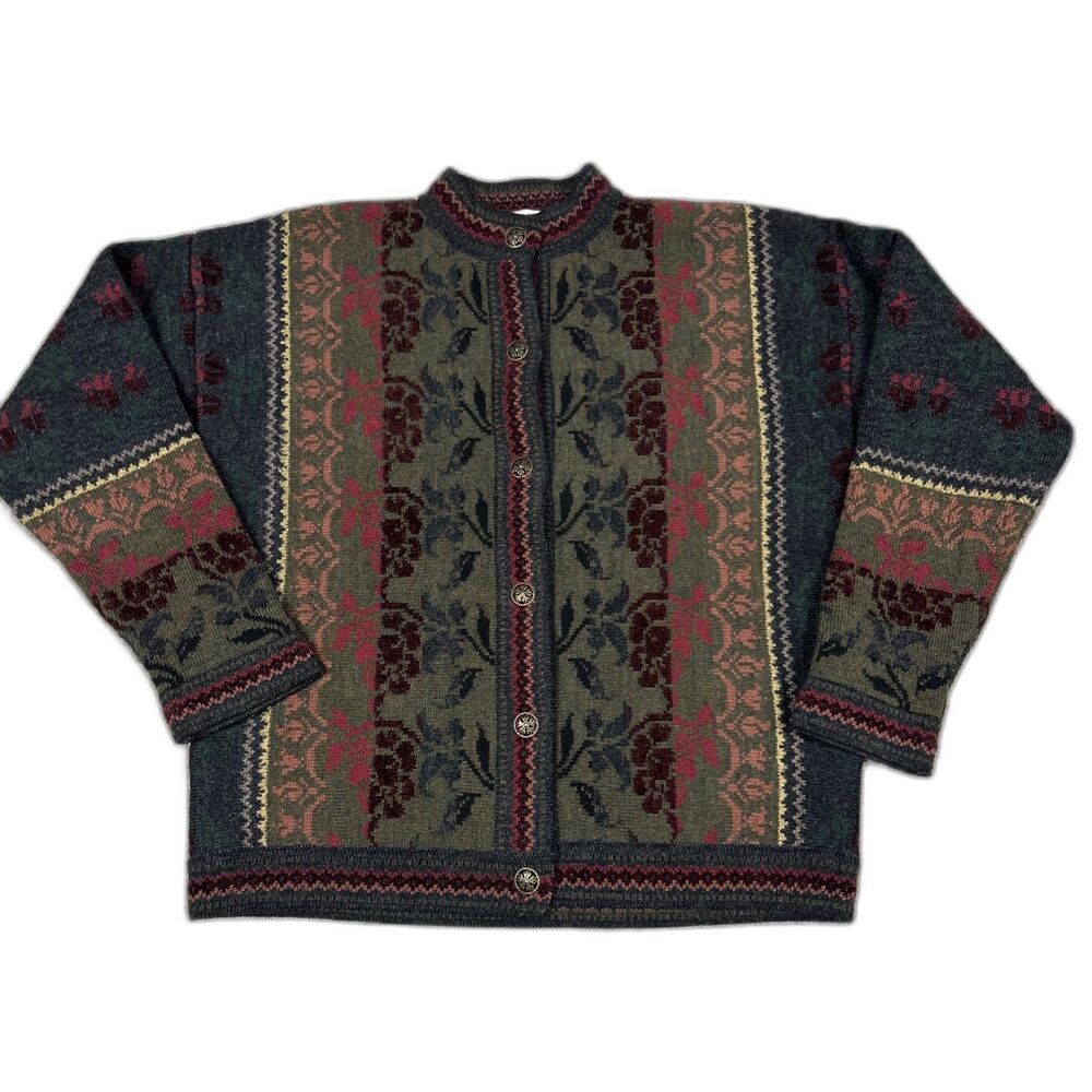 Cherry Lewis Sweater Womens Medium Wool Blend Floral Tapestry Cardigan England